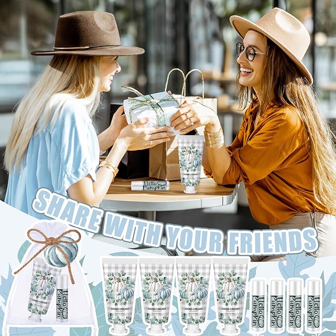 144 Pcs Fall Lip Balm Hand Cream Set Party Favors, Include 36 Blue Pumpkin Lip Balm 36 Moisturizing Hand Cream 36 Bags 36 Cards and Ropes for Autumn Accessories Gifts-VivaGrace Women