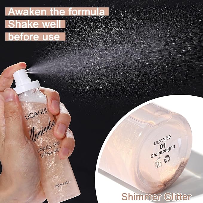 UCANBE Shimmer Dewy Setting Spray – Glowing + Makeup Setting Spray 2 in 1 Lightweight Formula for a Radiant Glow,Long-Lasting Face Mist for Face Body, 4 Fl Oz #Silver-VivaGrace Women
