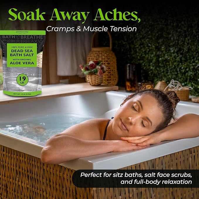 Aromasong 19 lbs RAW Dead Sea Salt with Organic Aloe Vera, not Cleaned, Still Contains All Dead sea Minerals Including Dead sea Mud, Fine Medium Grain Large resealable Bulk Pack - Packaging May Vary-VivaGrace Women