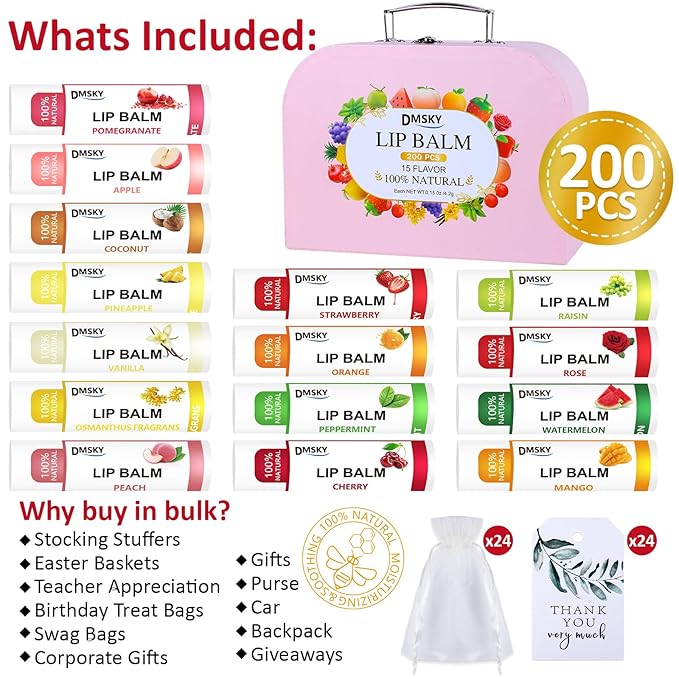 DMSKY 200 Pack Lip Balm, Natural Lip Balm Bulk with Vitamin E and Coconut Oil, Moisturizing Soothing Chapped Lips, Gifts for Women Stocking Stuffers Party Favors-VivaGrace Women
