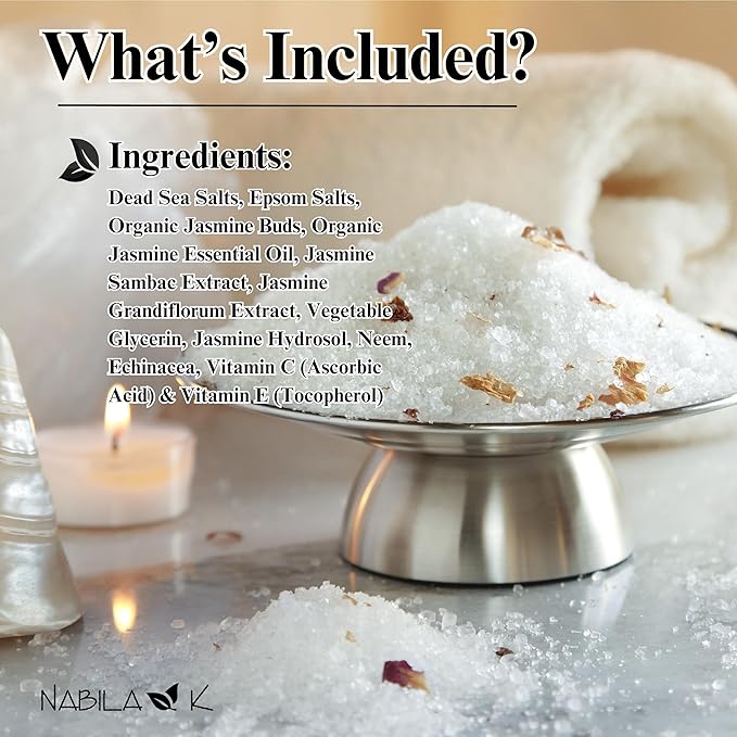 Organic Jasmine Bath Salts by Nabila K - Dead Sea Salt & Epsom Salt Scrub & Soak - Exfoliates & Hydrates Skin, Botanical Essential Oils - Bubble Bath Accessories for All Skins Types, 8 oz-VivaGrace Women