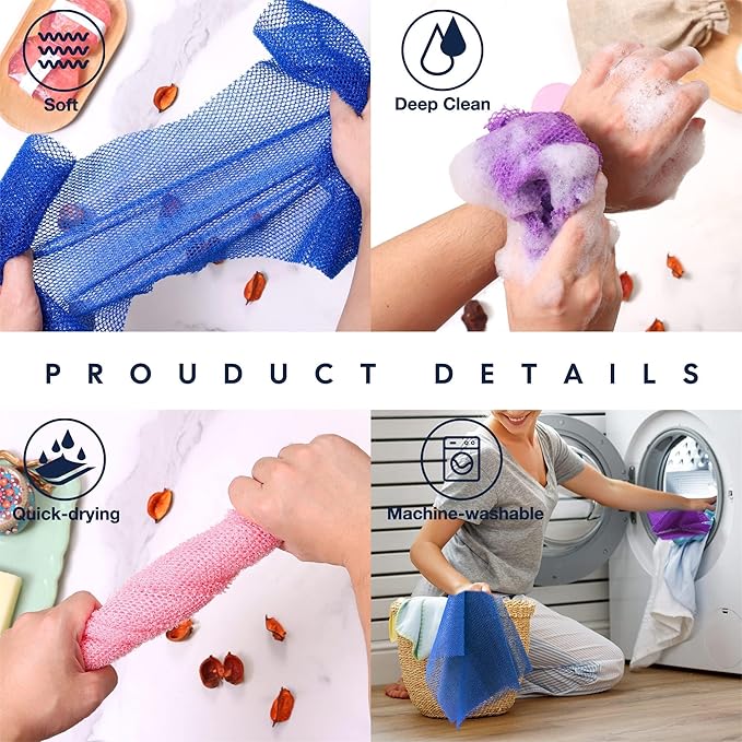 UJFQBH 3 Pieces African Bath Sponge African Net Long Net Bath Sponge Exfoliating Shower Body Scrubber Back Scrubber Skin Smoother,Great for Daily Use (Brown, Blue, Purple)-VivaGrace Women