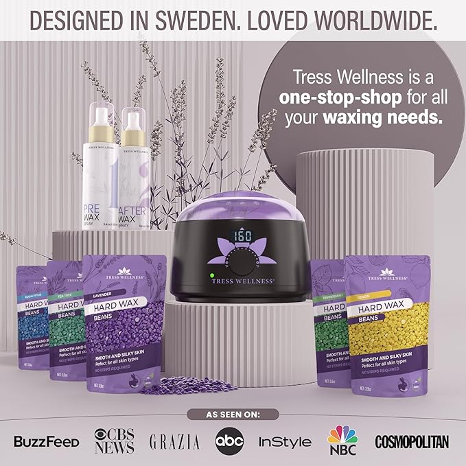 Tress Wellness Waxing Kit for Sensitive Skin – Safe for Face & Skin, Prep & Aftercare Spray, Easy to Use – At-Home Kit for Face, Bikini, Brazilian & Full Body - Digital Display, Dusty Lilac-VivaGrace Women