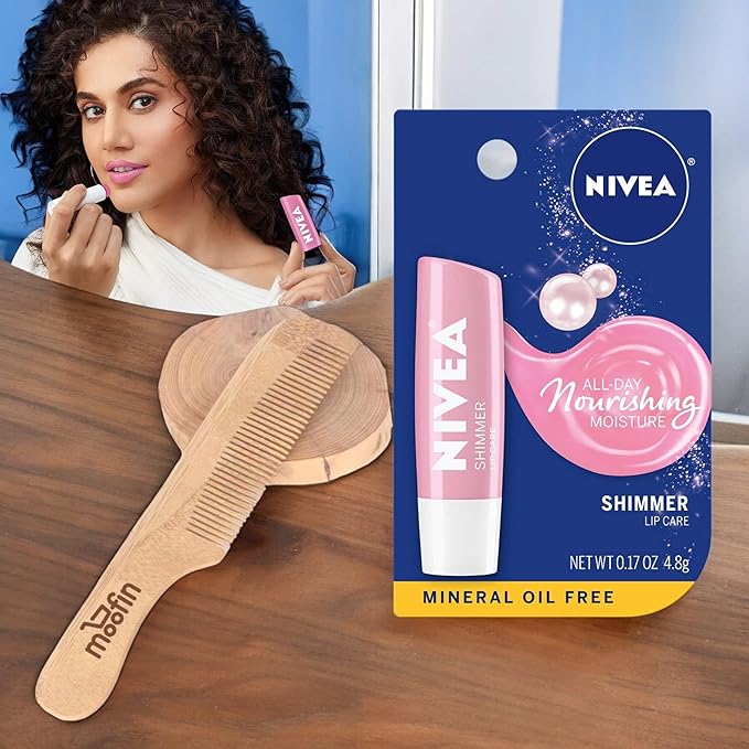 Nivea Lip Balm Shimmer Lip Care, 0.17 Oz Stick For Soft, Radiant Lips, Long-Lasting Hydration With Pearly Shimmer, Mineral Oil-Free, Lip Balm Hydrating - Bundles With Wooden Comb, [Pack Of 5]-VivaGrace Women