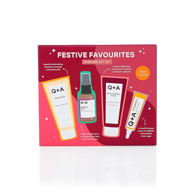 Q+A Festive Favourites Gift Set, containing a Hyaluronic Acid Moisturiser (75ml), an Oat Milk Cream Cleanser (75ml), an Azelaic Acid Serum (30ml), and a Caffeine Eye Serum (15ml)-VivaGrace Women