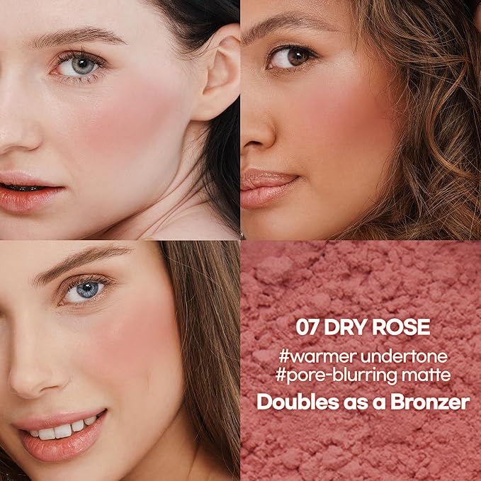 Hope Girl 3D Powder Blusher 0.17oz | Skin-Loving Korean Mini Blush for Cheeks and Eye Makeup w/Allantoin | K Beauty Cool Toned Vibrant Sunkissed Fine Powder Makeup Blush Cosmetics (#07 Dry Rose)-VivaGrace Women