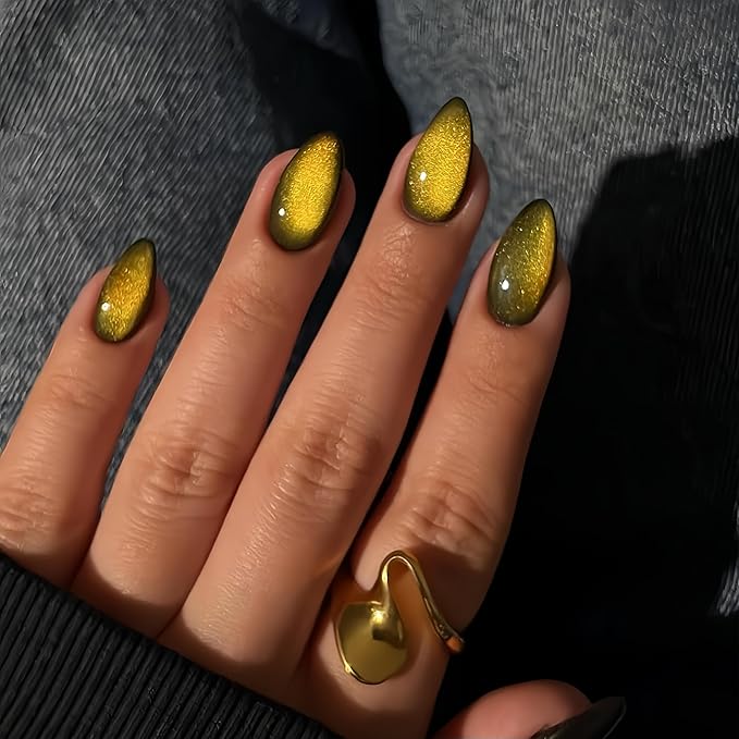 KQueenest Gold Cat Eye Press on Nails Almond Shape, 30 Pcs Glitter Fake Nails Medium, Thick Sparkly Black Nails Press on, Shiny Acrylic Nails, Cute Bling Stick on Nails for Women Daily Wear