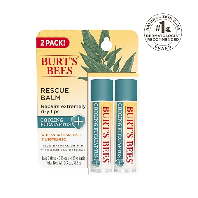 Burt's Bees 100% Natural Origin Rescue Lip Balm With Beeswax and Antioxidant-Rich Turmeric Promotes Healing Of Extremely Dry Lips, Cooling Eucalyptus, 2 Tubes in Blister Box(Pack May Vary)-VivaGrace Women