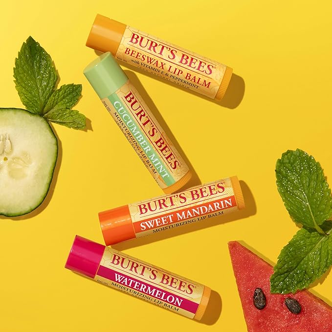 Burt's Bees Lip Balm - Original Beeswax, Cucumber Mint, Watermelon & Sweet Mandarin, With Responsibly Sourced Beeswax, Tint-Free, Natural Origin Treatment, 4 Tubes, 0.15 oz.-VivaGrace Women