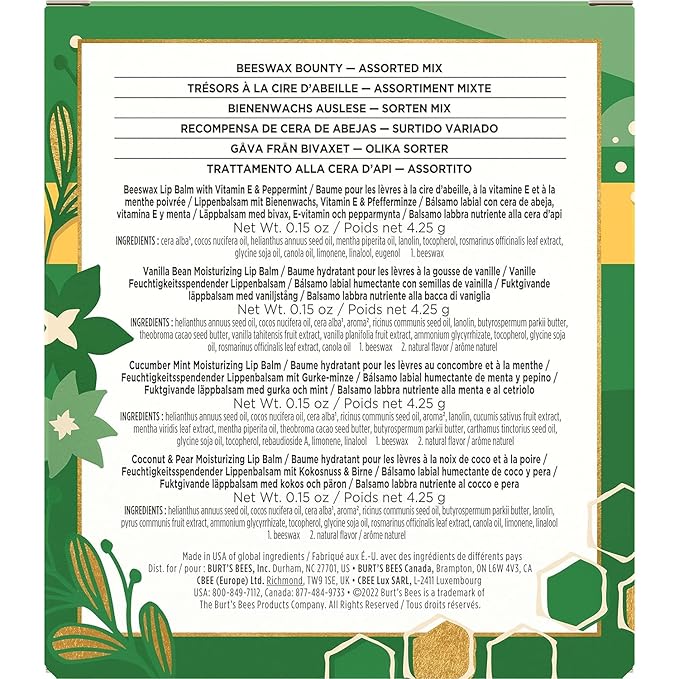 Burt's Bees Holiday Gift, 4 Lip Balms Stocking Stuffer, Assorted Mix Set, Classic Beeswax, Vanilla, Cucumber Mint & Coconut And Pear-VivaGrace Women