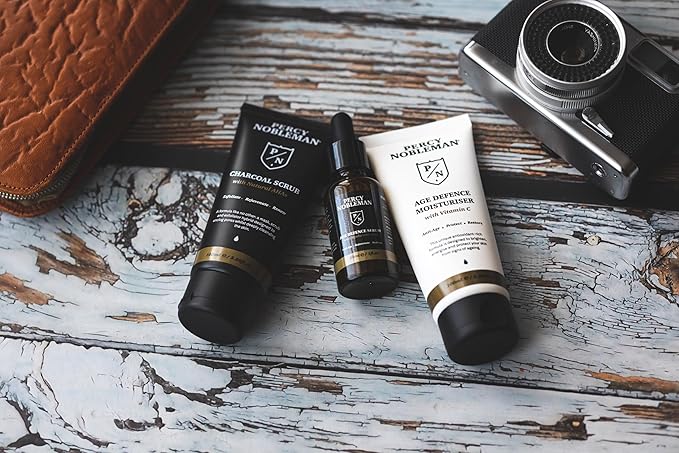 Percy Nobleman Age Defence Kit, a men's skincare set containing Charcoal Face Scrub (with Natural AHAs), ultra-hydrating Facial Serum (with Hyaluronic Acid), and Moisturiser (with Vitamin C)-VivaGrace Women