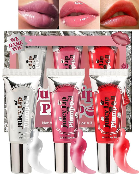 Plumping Lip Oil Kit-3Pcs Hydrating Glossier Tinted Lip Gloss,Long Lasting Lip Plumper and Pout Booster LIpgloss, Moisturizing Non-Sticky Natural Fuller Lip Tint Stain, Makeup Gift for Women-Set A-VivaGrace Women
