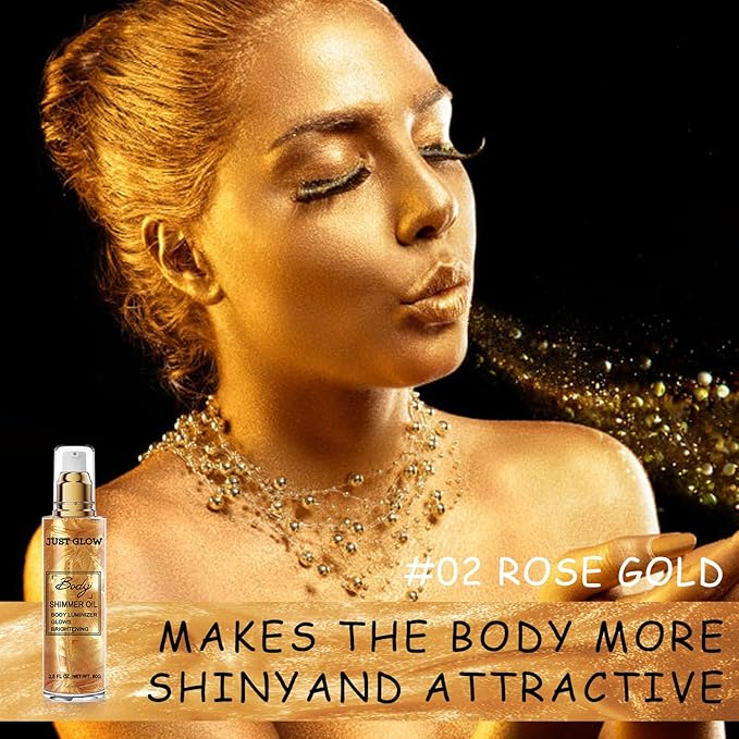 Shimmer Body Oil, Face and Body Liquid Luminizer Waterproof Moisturizing, Light Shimmer Glow Illuminator, Smooth Body Highlighter Makeup Liquid Body Shimmer (2# Gold)-VivaGrace Women