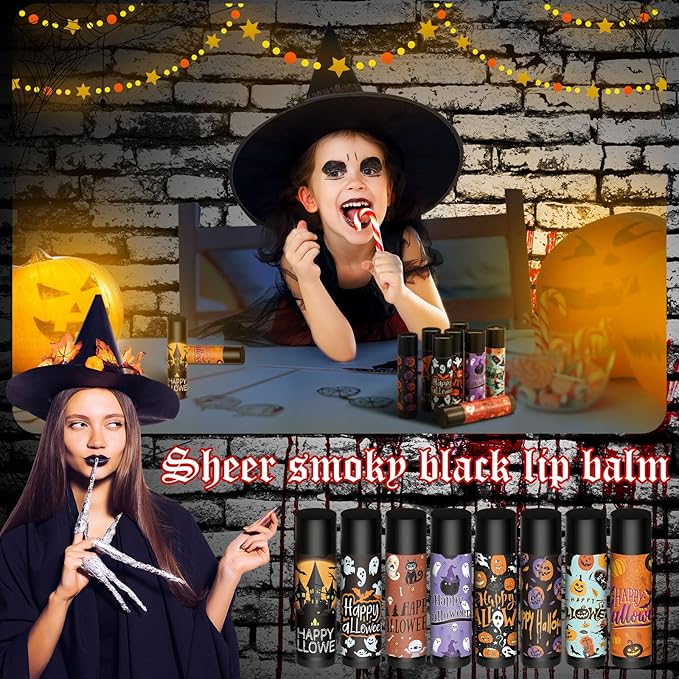 48 Pcs Halloween Spooky Lip Balm Gifts Bulk Black Lip Moisturizers Makeup Lipstick Ghost Spiderweb Skull Bat, Honey Flavor for Halloween Party Treat Bag Stuffers Women Men Adults-VivaGrace Women