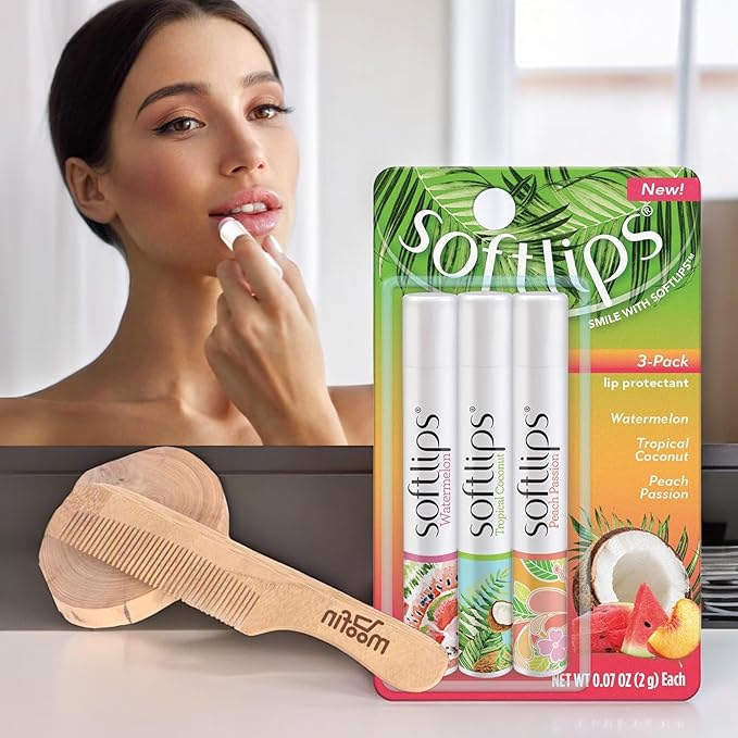 SoftLips Lip Balm, 0.63 oz - Tropical Lip Balm in Hydrating Watermelon, Coconut & Peach Flavors with Shea Butter & Vitamin E, Bundle with Moofin Wooden Comb, Nourishing LipBalm Set (Pack of 1)-VivaGrace Women