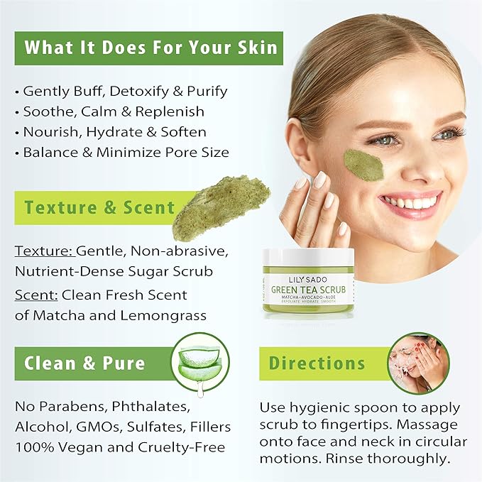 LILY SADO MATCHA MADE IN HEAVEN™ Sugar Facial Scrub - Best Daily Facial Exfoliating Cleanser for Women & Men - Vegan Face Wash Exfoliates Skin, Treats Acne, Reduces Pore Size - 4 oz-VivaGrace Women