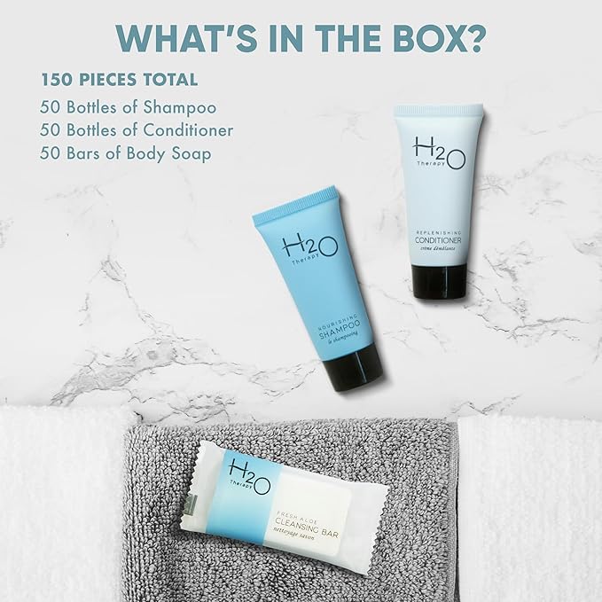 H2O Therapy Hotel Soaps and Toiletries Bulk Set | 1-Shoppe All-In-Kit Amenities for Hotels & Airbnb | 0.85 oz Hotel Shampoo & Conditioner, 1 oz Bar Soap Travel Size | 150 Pieces-VivaGrace Women