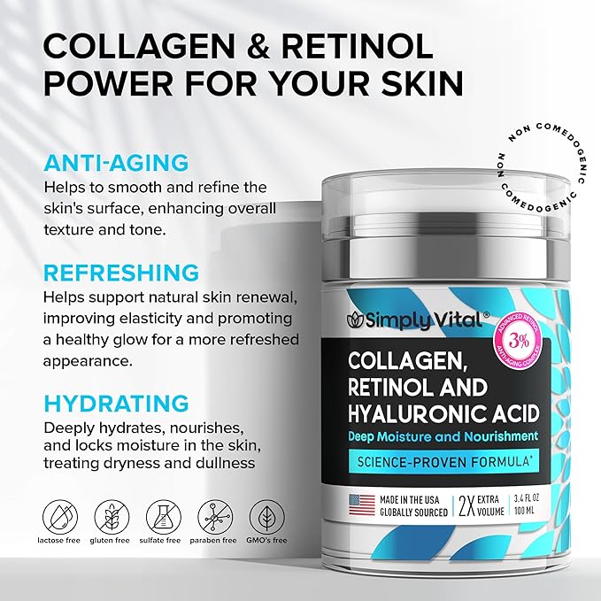 SimplyVital Collagen, Retinol & Hyaluronic Acid Cream - Anti-Aging Retinol Cream for Face, Neck & Décolleté - Made in USA - Daily Moisturizer Face Cream - 3.38 fl oz-VivaGrace Women