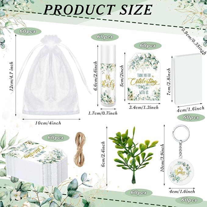 60 Sets 360 Pcs Lip Balm Soap Keychain Favors Eucalyptus Greenery Baby Shower Favors with Organza Bag Gift Card Faux Eucalyptus Greenery for Baby Shower Gift Gender Reveal Guest Prize-VivaGrace Women