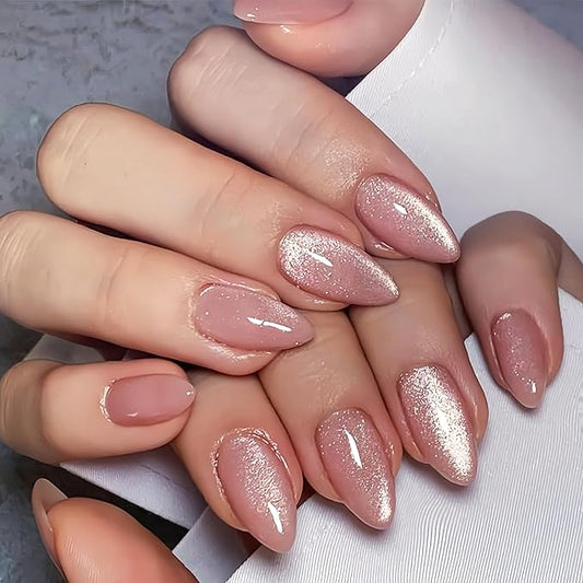 KQueenest Cat Eye Nude Pink Press on Nails Short Almond with UV Coating, 30 Pcs Thick Glitter Fake Nails Glue on, Cute Sparkle Shinny Acrylic Nails with Bling Design, Reusable False Nails for Women