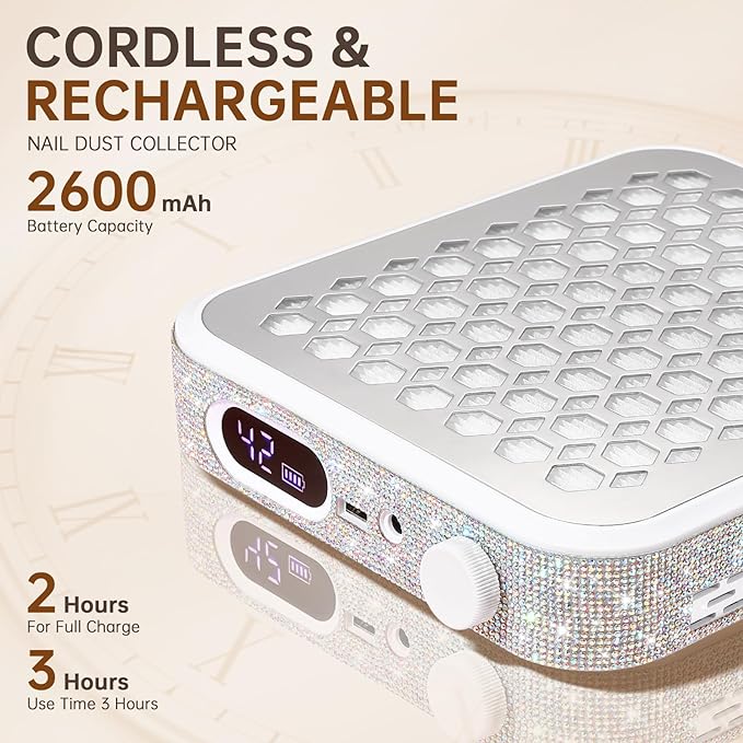 Nail Dust Collector, Rechargeable Dust Collector Nail Tech, Powerful Vacuum Fan Vent Dust Collector Extractor Dust Suction Machine for Acrylic Nails Polishing, Nail Salon&Home, White-VivaGrace Women