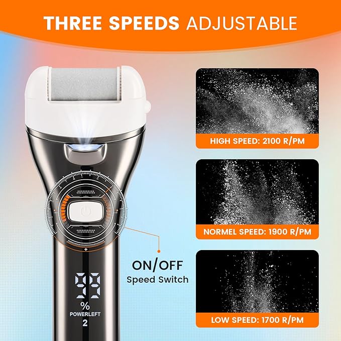 Electric Foot Callus Remover, Rechargeable Portable Electronic Foot File Pedicure Kits, 3 Roller Heads, 3 Speed, Battery Display for Remove Cracked Heels Calluses and Dead Skin-VivaGrace Women