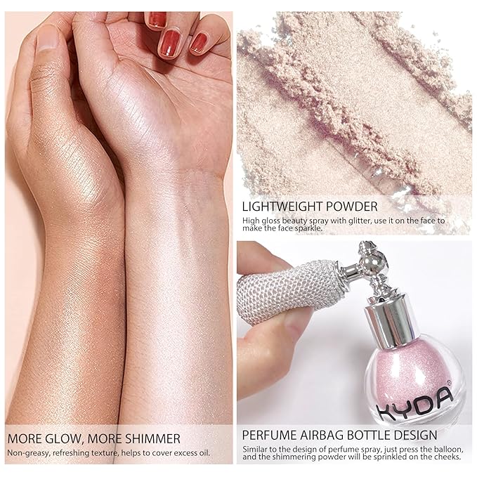 KYDA Highlighter Powder Spray, Glitter High Gloss Spray Shimmer Sparkle Powder Makeup Spray, for Face Body Cosmetic-Metallic Silver-VivaGrace Women