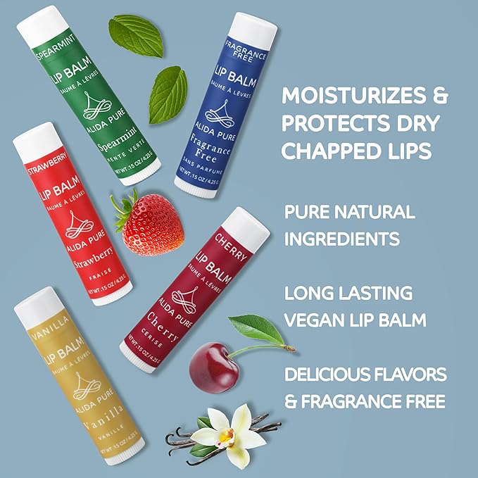 ALIDA PURE Melody Lip Balm Collection, Vegan, Lip Balm, Beeswax Free, with Avocado Oil, Organic Jojoba Oil, and Vitamin E, Natural Moisturizer for Dry, Chapped Lips, 5 Tube Set-VivaGrace Women