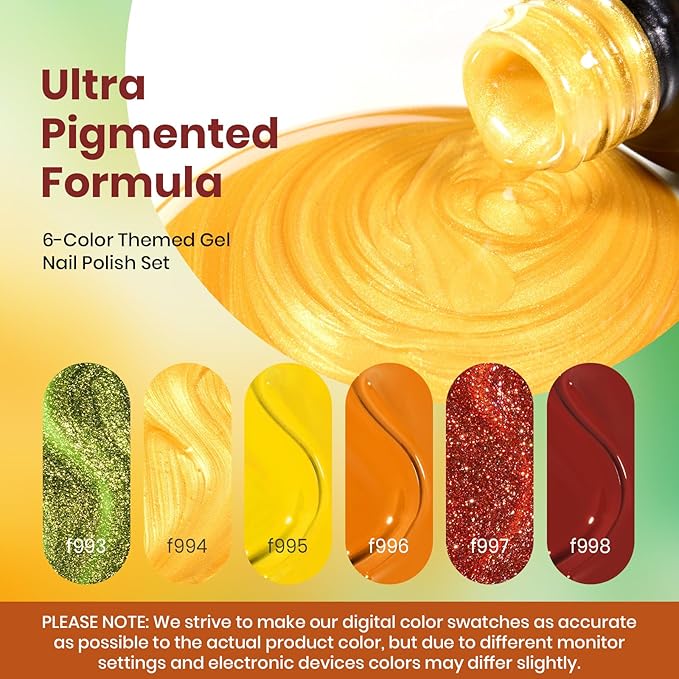 Beetles Fall Gel Nail Polish Set, 6Pcs Yellow Orange Burgundy Red Green Gel Polish Golden Glitter Nails Kit Autumn Realm Collection DIY Nail Art Gifts for Women-VivaGrace Women