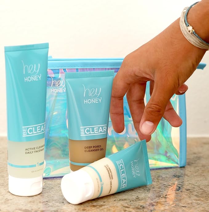 Hey Honey Skincare Be Clear 3-Step Acne Clearing Kit |Clear Face Wash, Deep Pores Cleansing, Overnight Treatment | with Propolis & Honey | Clear Blemish Skin Purifying Formulas | 3-Piece Kit-VivaGrace Women