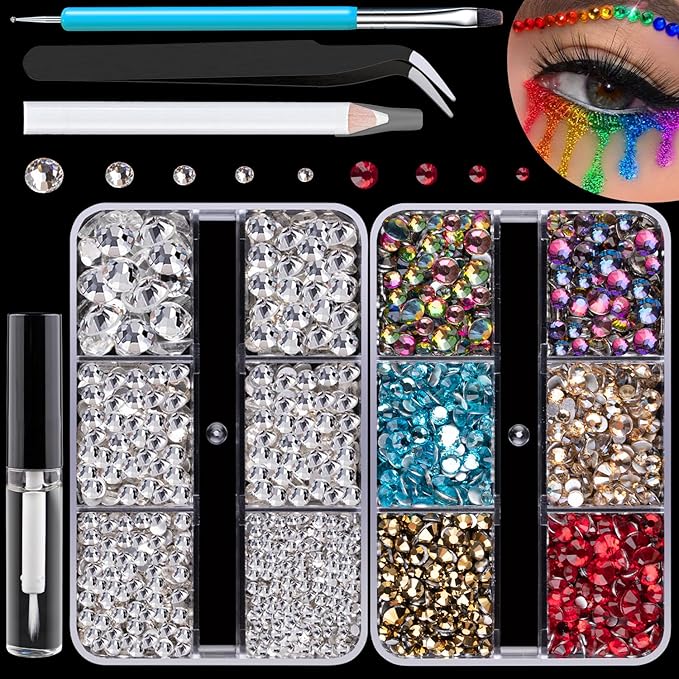 Colorful Face Gems for Makeup Set, Flatback Gorgeous Clear Glass Gem and Mixed-Colored Crystals with Makeup Glue+Picker Pencil+Tweezer+Dual-End Dotting Tool for Eye Body Hair Make-up and Nail Art Deco-VivaGrace Women