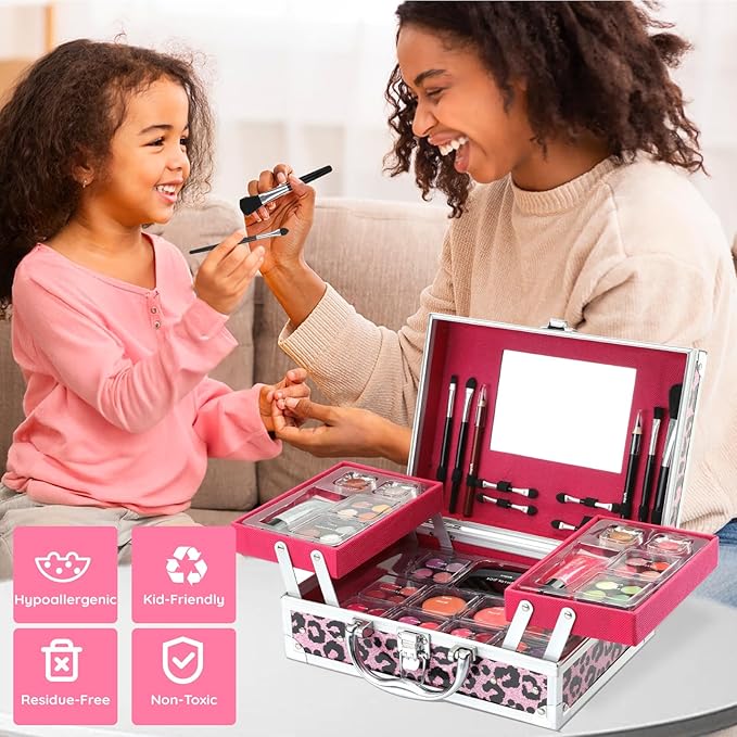 Anpro All-In-One Leopord Double Folding Makeup Carry Case with Pro Teen Makeup Set, Full Starter Kit with Makeup Brushes, Lipsticks, Eyeshadow Palette, Blushes, Glitter Gel, Ideal Present for Girls-VivaGrace Women