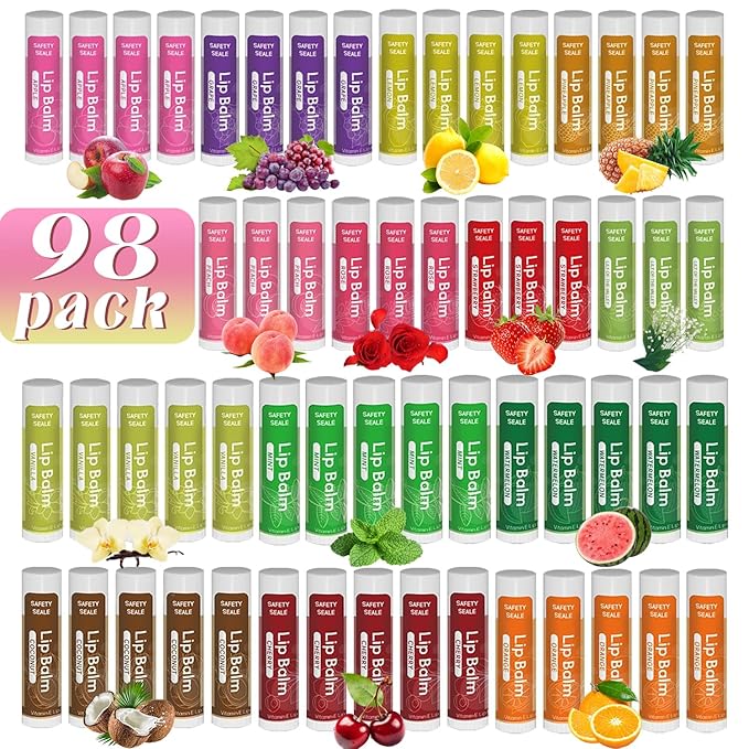 98 Pack Natural Lip Balm Bulk with Vitamin E and Coconut Oil - Moisturizing, Soothing, and Repairing Dry and Chapped Lips - 14 Flavors - Non-GMO-VivaGrace Women