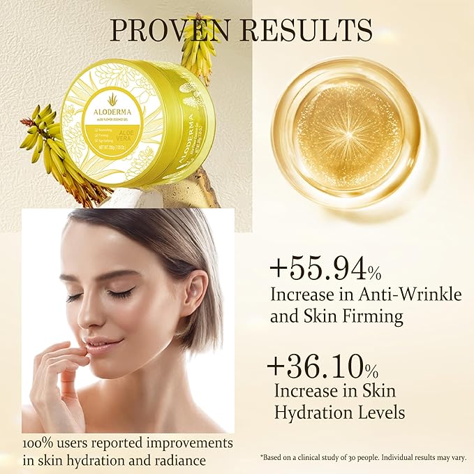 Aloderma Age-Defying 24K Gold Leaf Aloe Flower Essence Gel, Made within 12 Hours of Harvest - Luxurious Aloe Gel with Allantoin & Hyaluronic Acid for a Glowing, Shimmering, Youthful Complexion, 7oz-VivaGrace Women