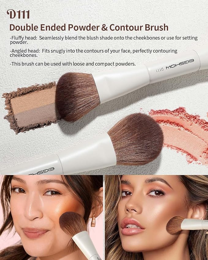 EIGSHOW Makeup Brush Set, 3Pcs Double Ended Face Makeup Brushes for Foundation Powder Contour Highlight Concealer Nose Shadow, Travel Gift Set (Beige)-VivaGrace Women
