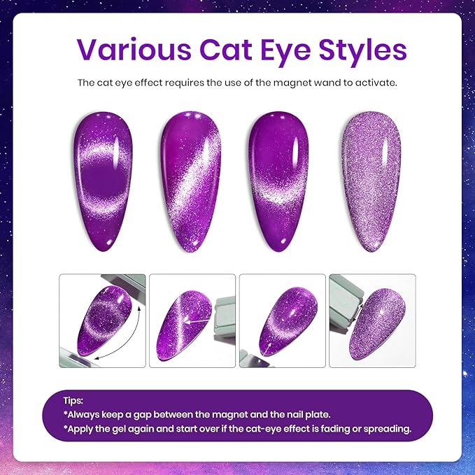 Beetles Cat Eye Gel Nail Polish Set, 6 Colors Summer Neon Holographic Glitter Gel Polish Kit Hot Pink Orange Purple Blue Green Magnetic Nail Polish Soak Off UV French Nail Art Gift for Women-VivaGrace Women