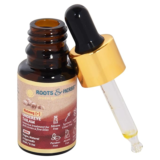 ROOTS AND HERBS Ayurvedic Natural Treatment 100% Vegan No Paraben Nutmeg Undereye Nourishment Oil for Men and Women -10 ml-VivaGrace Women