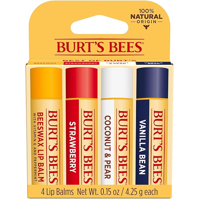 Burt's Bees Lip Balm - Beeswax, Strawberry, Coconut and Pear, and Vanilla Bean, With Responsibly Sourced Beeswax, Tint-Free, Natural Origin Lip Treatment, 4 Tubes, 0.15 oz.-VivaGrace Women