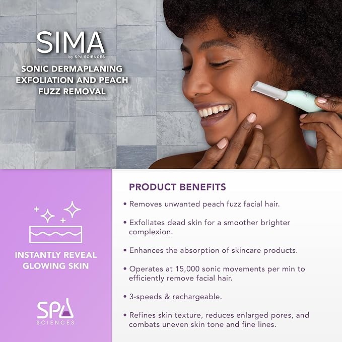 SPA SCIENCES - SIMA Patented Dermaplane Razor for Women Face – Painless 2-in-1 Facial Exfoliation & Peach Fuzz Hair Removal – Anti-Aging – 3 Speeds – Rechargeable – 7 Weeks Treatment-VivaGrace Women