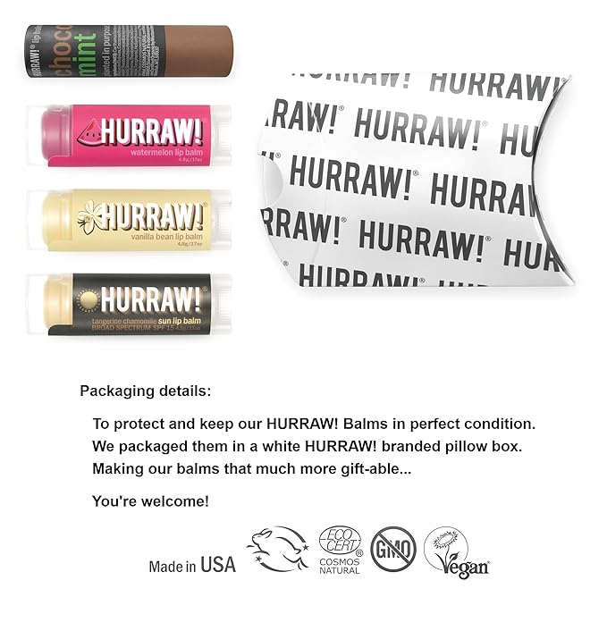 Hurraw! Lip Balms: Staff Favorites, 4 Balm Bundle Pack – Chocolate Mint, Watermelon, Vanilla Bean and Sun (SPF 15): Organic, Certified Vegan. 100% Natural Ingredients. Bee, Shea, Soy and Palm Free.-VivaGrace Women