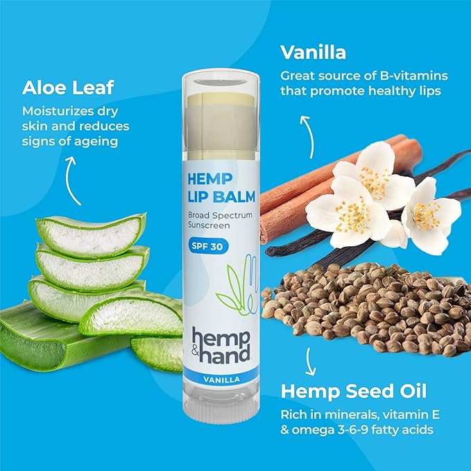 Organic Vanilla Hemp Lip Balm with Beeswax, Coconut Oil and Vitamin E - SPF 30 - by Hemp and Hand (1 Count (Pack of 4))-VivaGrace Women