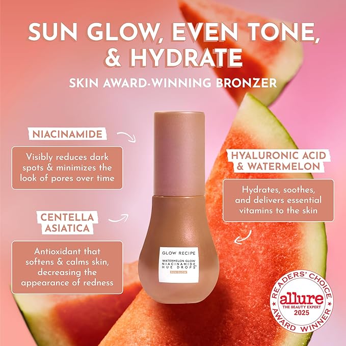 Glow Recipe Hue Drops - Mini Tinted Face Serum - Bronzing Drops to Brighten & Hydrate - Skincare Makeup Primer & Liquid Highlighter to Blur Pores for a Radiant, Even Skin Tone - Sun Glow (15ml)-VivaGrace Women