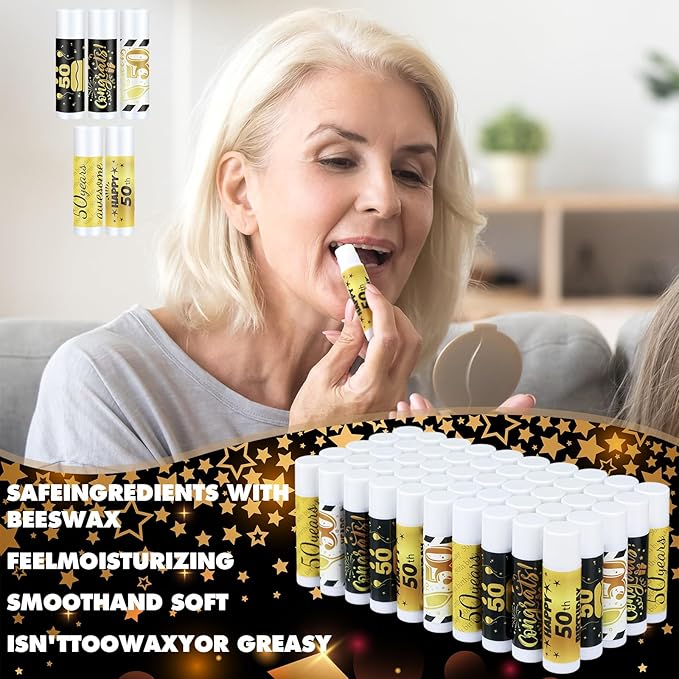 50 Sets Birthday Favors Lip Balm Gifts Bulk Moisturizing Lip Balm with 50 Organza Drawstring Gift Bag 50 Tags Birthday Party Supplies Gifts Bulk for Men and Woman (50th Birthday)-VivaGrace Women
