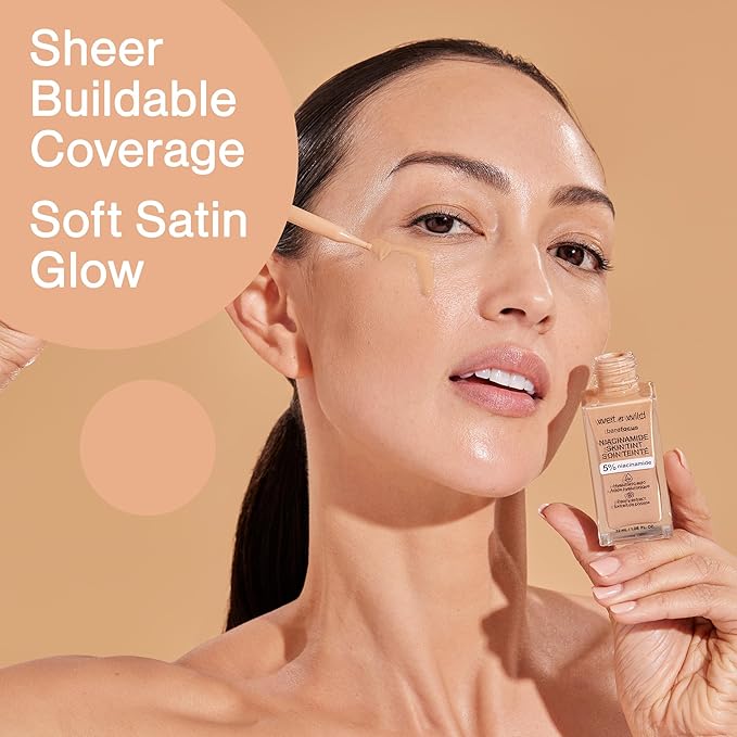 wet n wild Bare Focus Skin Tint, 5% Niacinamide Enriched, Buildable Sheer Lightweight Coverage, Natural Radiant Finish, Hyaluronic & Vitamin Hydration Boost, Cruelty-Free & Vegan - Amber Beige-VivaGrace Women