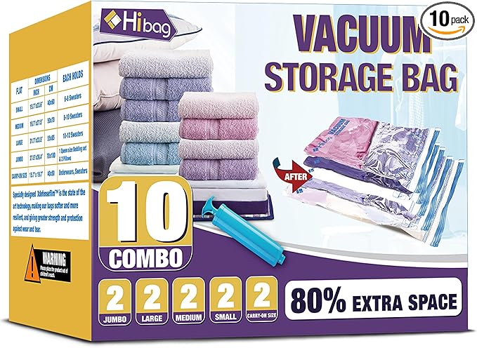 HIBAG Vacuum Storage Bags, 10-Pack Vacuum Seal Bags for Clothing Clothes, Space Saver Bags (2 Jumbo, 2 Large, 2 Medium, 2 Small, 2 Roll-up) with Pump (10-Combo)-VivaGrace Women