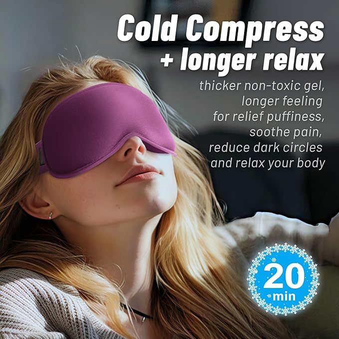 Cooling Gel 3D Sleep Eye Mask-Weighted Blackout Sleep Mask & Cold Compress for Dark Circles, Dry Eyes, and Puffiness - Comfortable, Eyelash-Friendly, Reusable for Relaxing Sleep-Purple-VivaGrace Women
