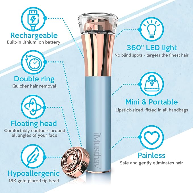 Flawless Facial Hair Remover for Women Painless Electric Razor Epilator Trimmer Shaver with 18K Gold-Plated, 16mm Dual Ring Floating Head, USB Rechargeable, 360° LED for Face Lip Hair Removal-VivaGrace Women