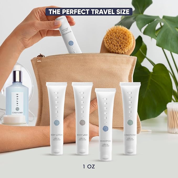 Infuse White Tea & Coconut Hotel Toiletries Bulk Set | 1-Shoppe Amenities Kit | 1oz Shampoo & Conditioner, Body Wash, Lotion | Travel Size | 80 Pieces-VivaGrace Women