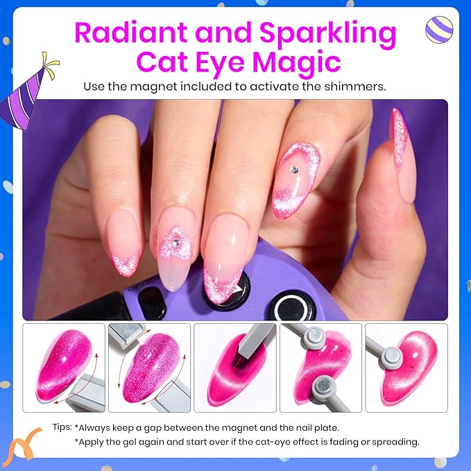 Beetles Cat Eye Gel Nail Polish, 6 Colors Summer Cat Eye Glitter Gel Polish Set Neon Red Pink Purple Blue Green with Magnet Velvet Gel Kit French Nail Art Manicure Gift for Women-VivaGrace Women