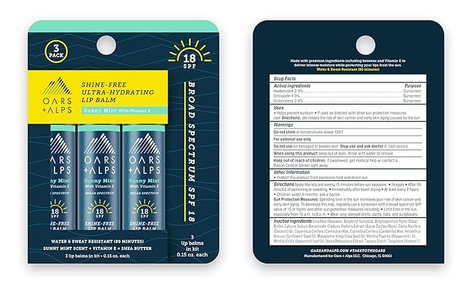 Oars + Alps Shine Free Lip Balm and SPF 18 Sunscreen, Lip Care with Sunny Mint Scent, Water and Sweat Resistant, 0.15 Oz Each, 3 Pack-VivaGrace Women